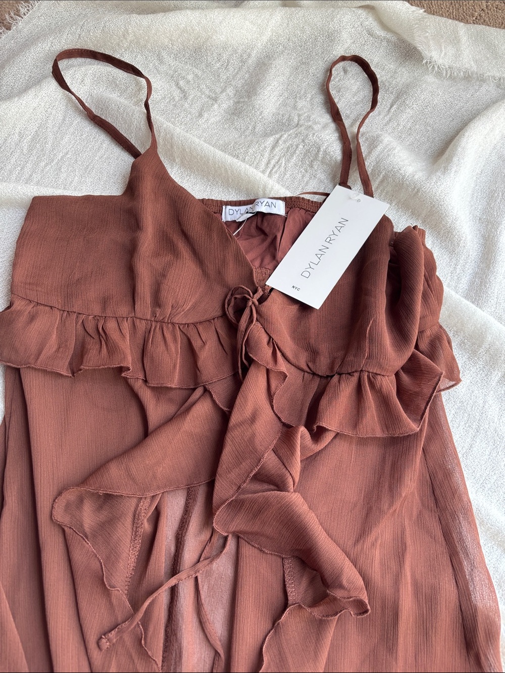 Women's Rust Ruffle Sheer Pullover